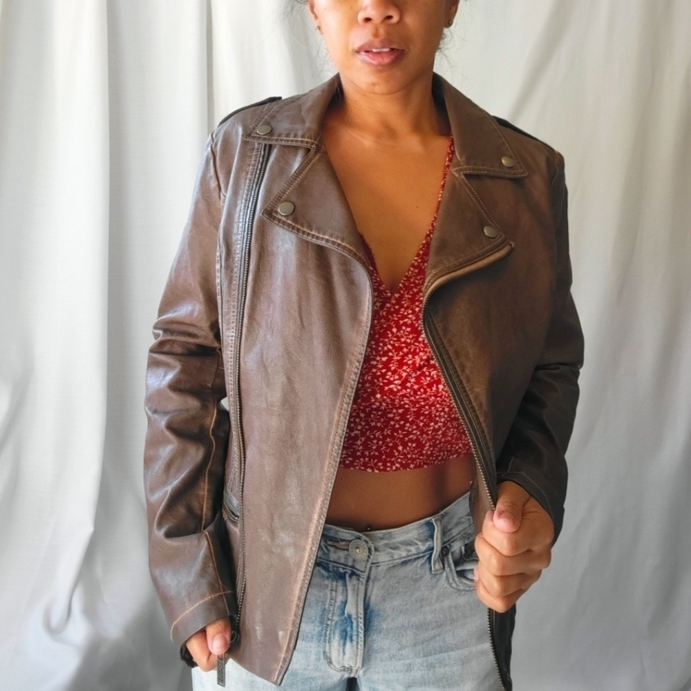 Mavi Chocolate Brown Faux Leather Moto Western Jacket